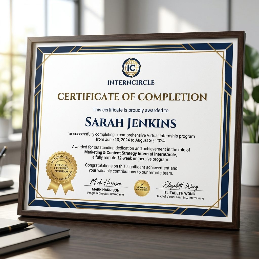 InternCircle free internship completion certificate sample — verified QR code, official signature